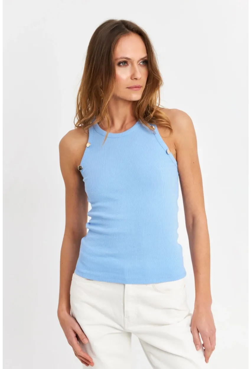 Kadın Açık-Mavi Düğme Detaylı Kolsuz Kaşkorse Bluz TF55