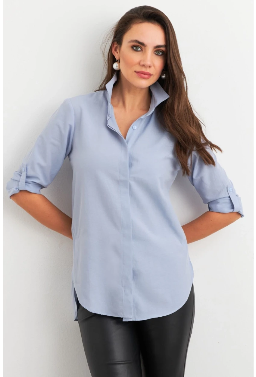 Kadın Açık-Mavi Gizli Düğmeli Uzun Gömlek SF2001