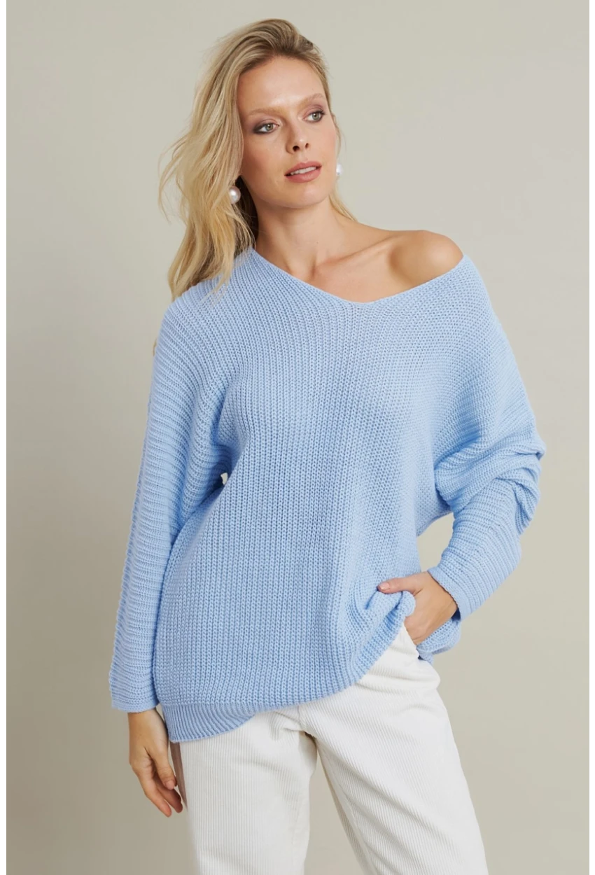 Kadın Açık-Mavi V Yaka Salaş Triko Bluz SMT158