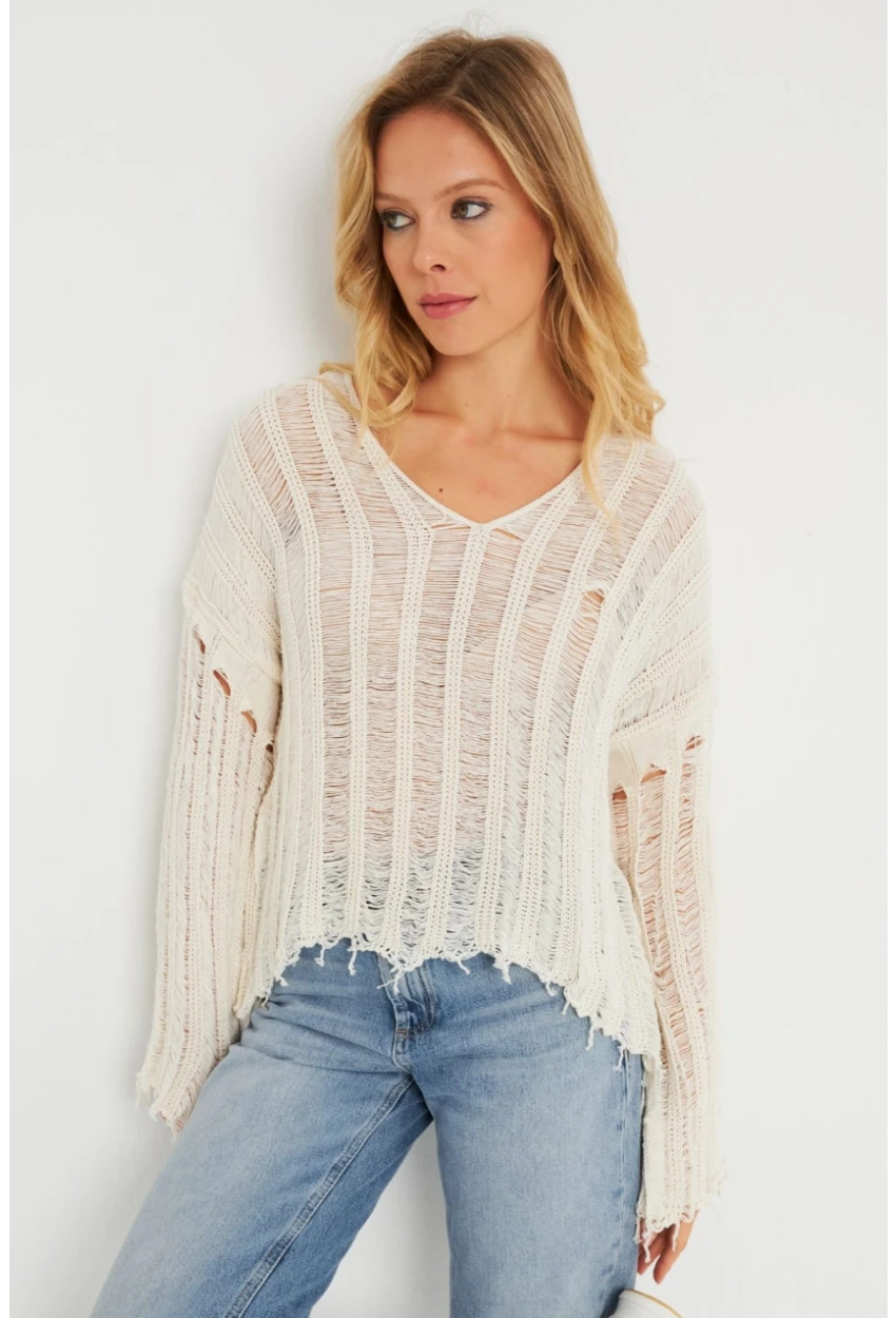 Kadın Ajurlu Triko Bluz Taş YZ618