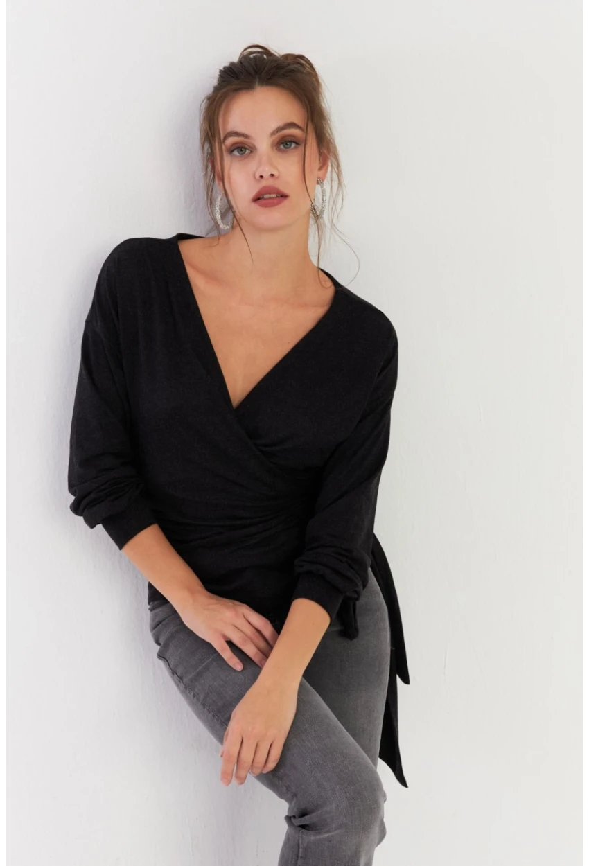 Kadın Antrasit Bağlamalı Kruvaze Bluz EY2933