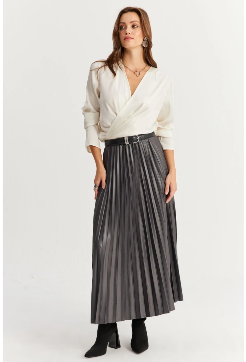 Kadın Antrasit Beli Lastikli Pilise Etek GÇ190