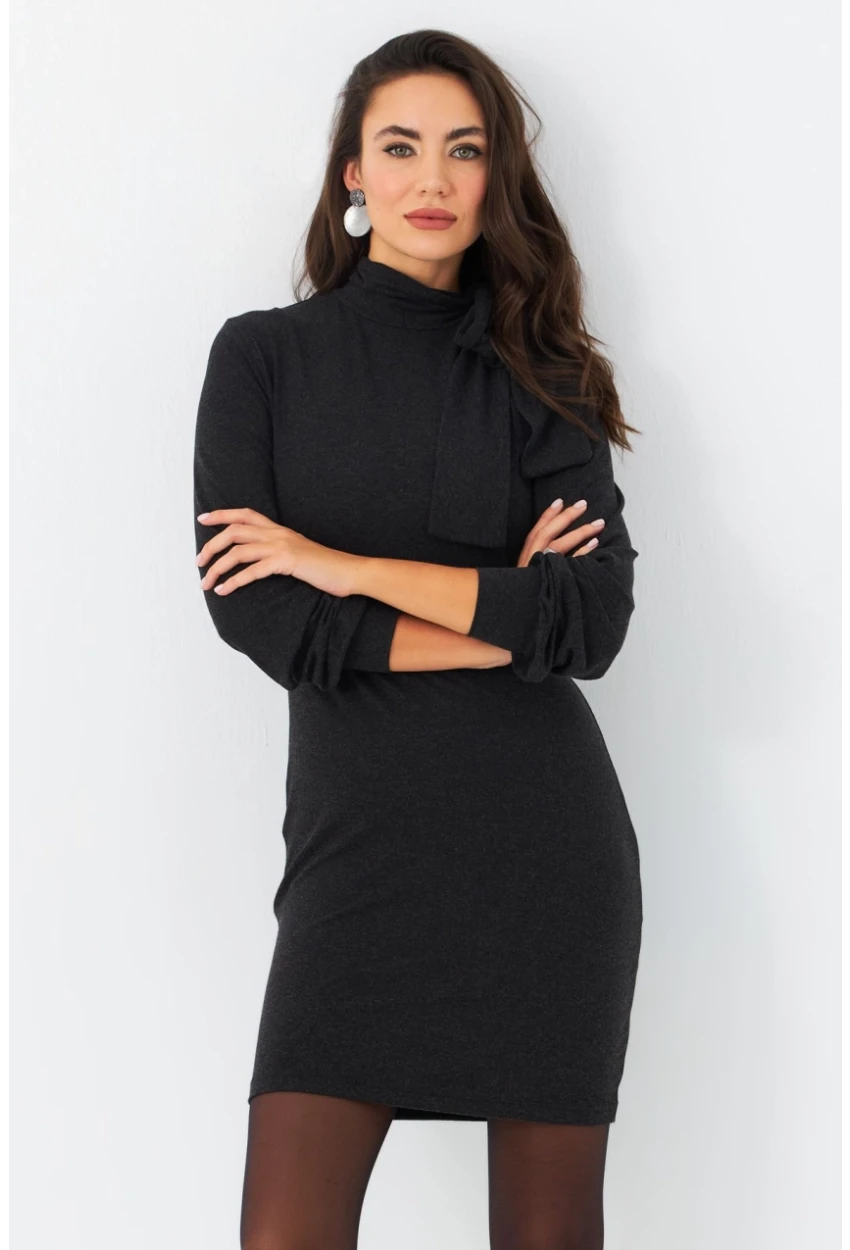 Kadın Antrasit Boyundan Bağlamalı Midi Elbise EY2971