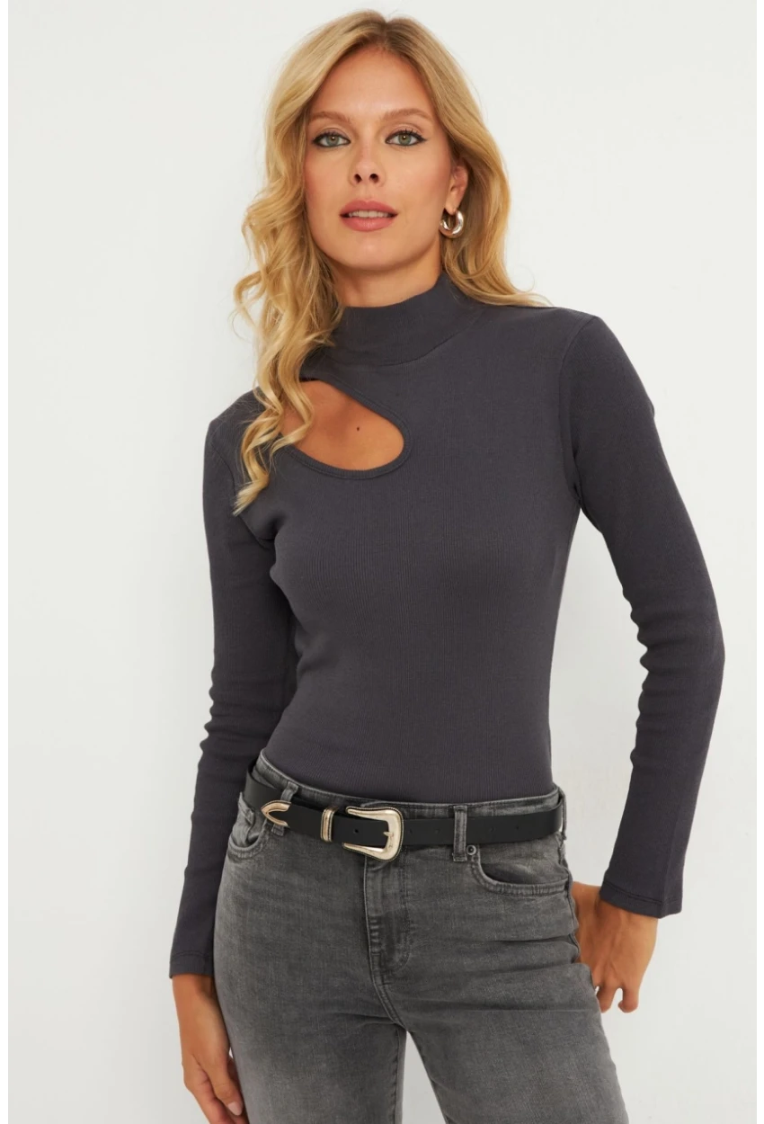 Kadın Antrasit Çapraz Yaka Yarım Balıkçı Bluz B1404