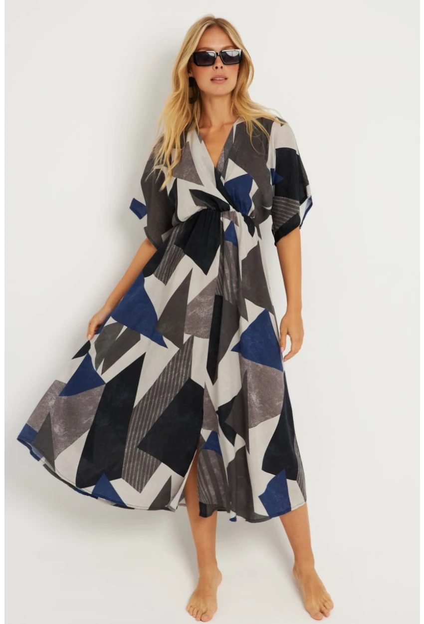 Kadın Antrasit Desenli Kruvaze Midi Elbise HT108