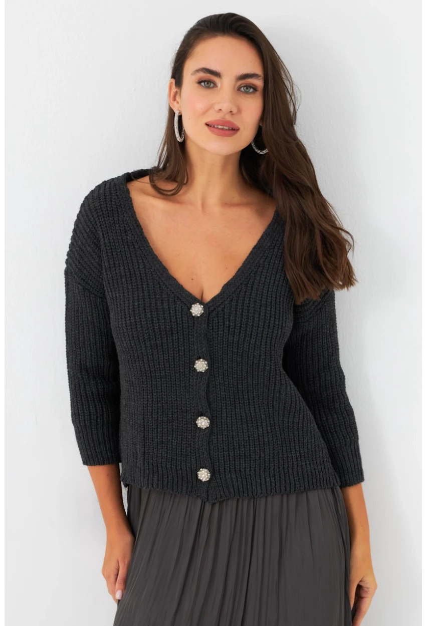 Kadın Antrasit Düğme Detaylı Hırka KAZ30