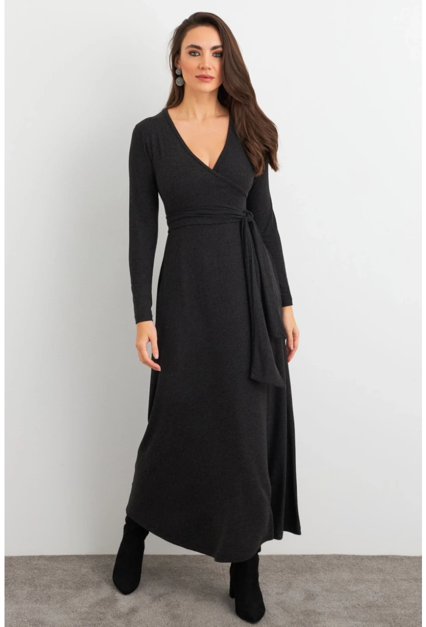 Kadın Antrasit Kruvaze Bağlamalı Midi Elbise EY3020