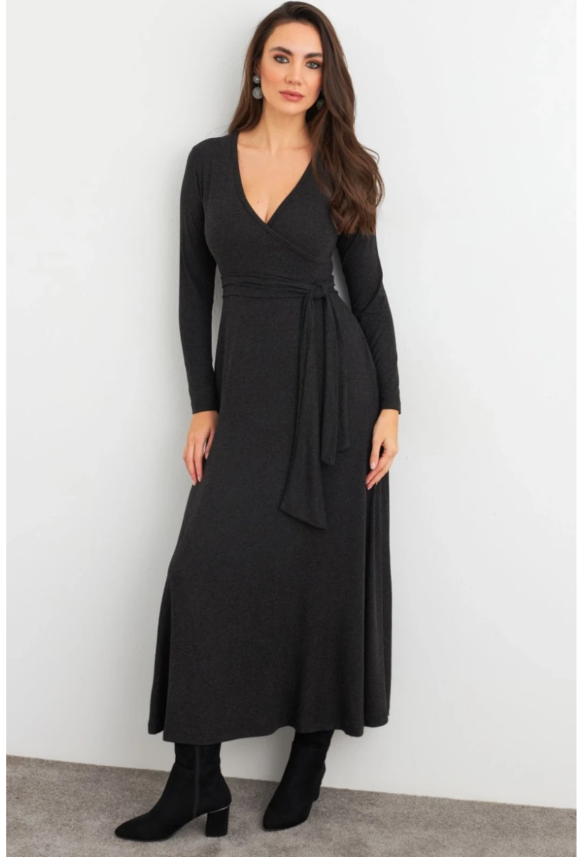 Kadın Antrasit Kruvaze Bağlamalı Midi Elbise EY3020