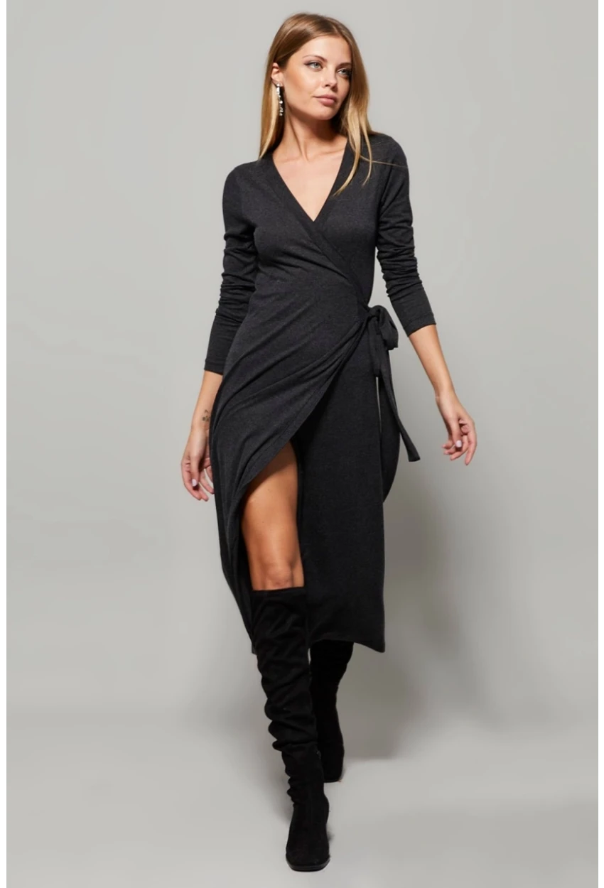 Kadın Antrasit Kruvaze Maxi Elbise EY1135