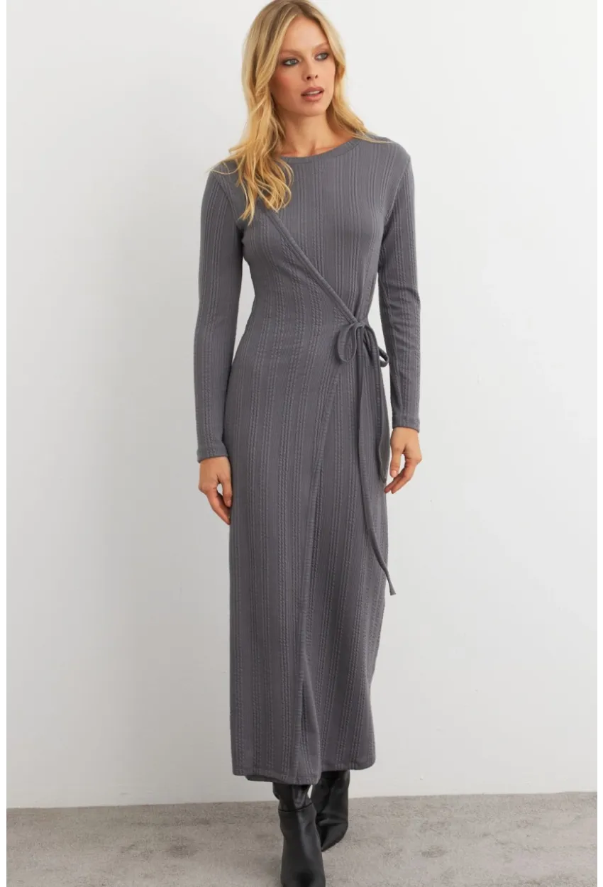 Kadın Antrasit Kruvaze Maxi Elbise MTF31