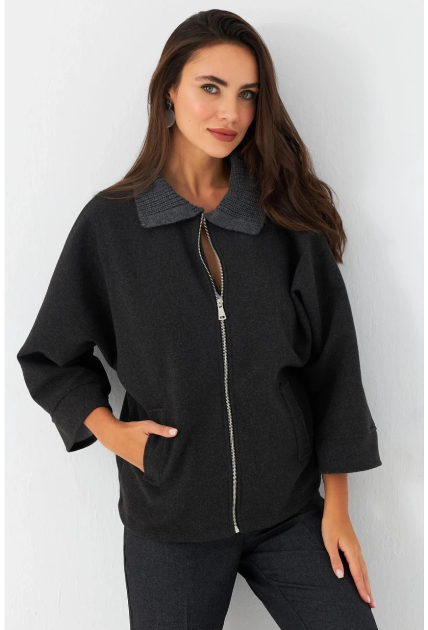 Kadın Antrasit Örme Yaka Kaşe Ceket CAR1080