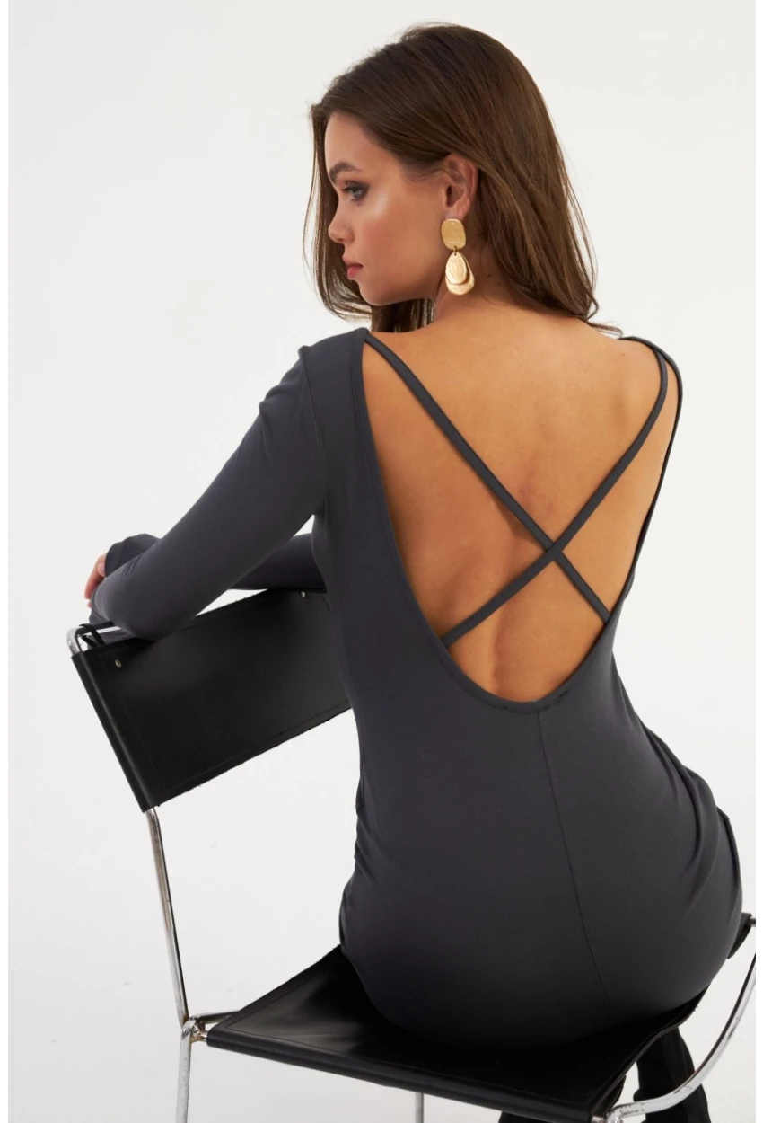 Kadın Antrasit Sırt Dekolteli Mini Elbise HOR36