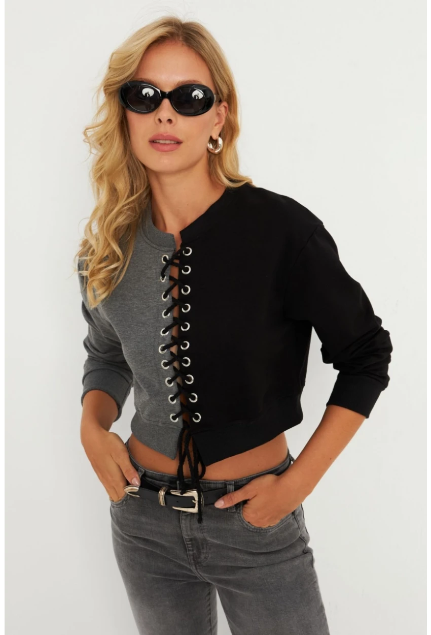 Kadın Antrasit-Siyah Kuşgözlü Kısa Sweatshirt TF02