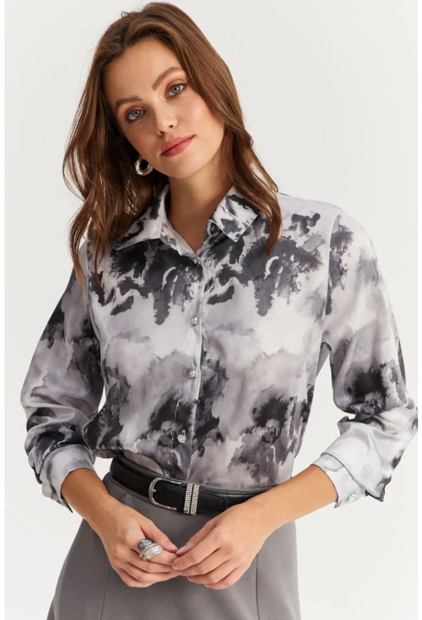 Kadın Antrasit Taş Düğmeli Desenli Gömlek MLVF9