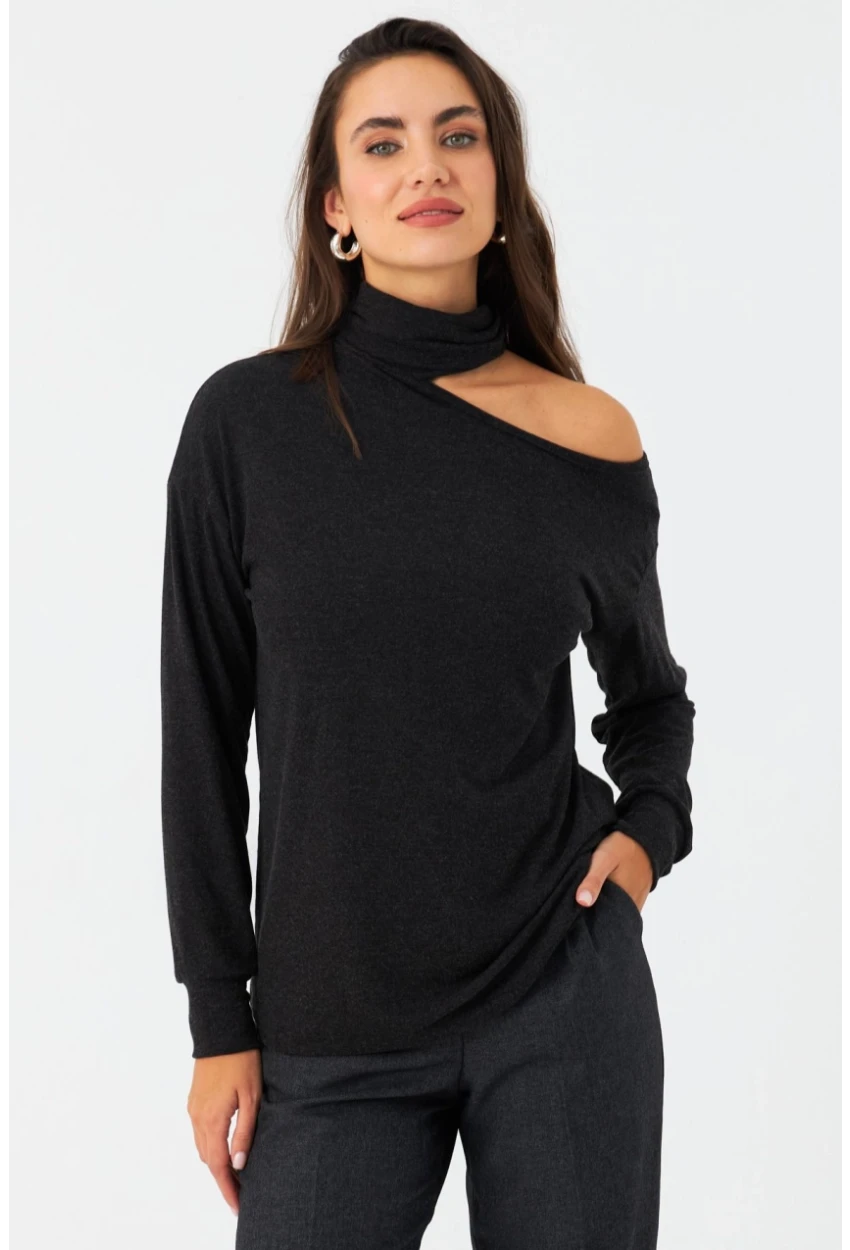 Kadın Antrasit Tek Omuz Açık Balıkçı Bluz EY2981