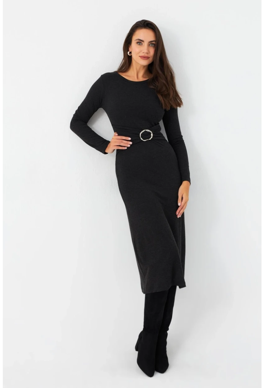 Kadın Antrasit Tokalı Midi Elbise EY2984