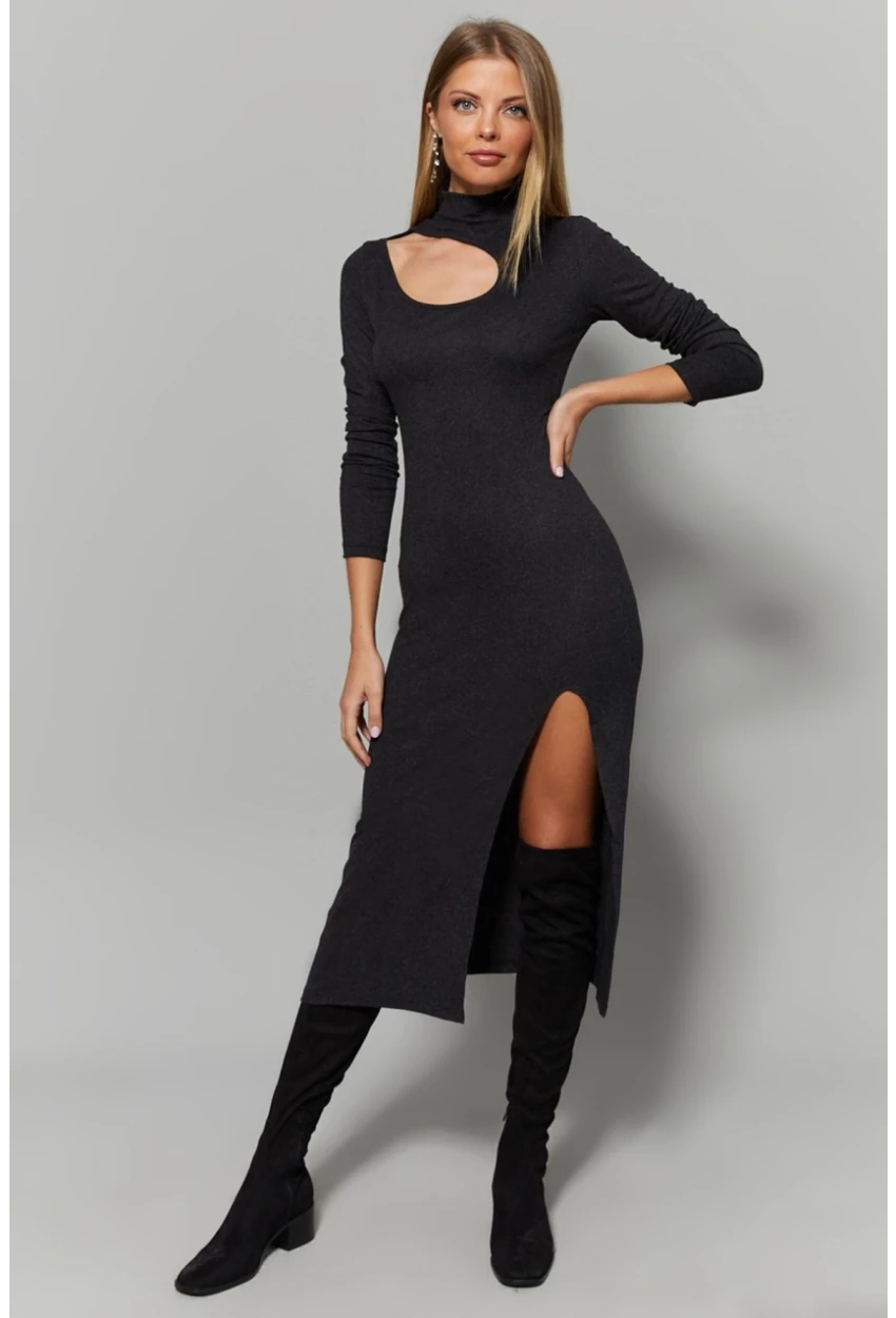 Kadın Antrasit Yaka Pencereli Yırtmaçlı Elbise Yİ1984