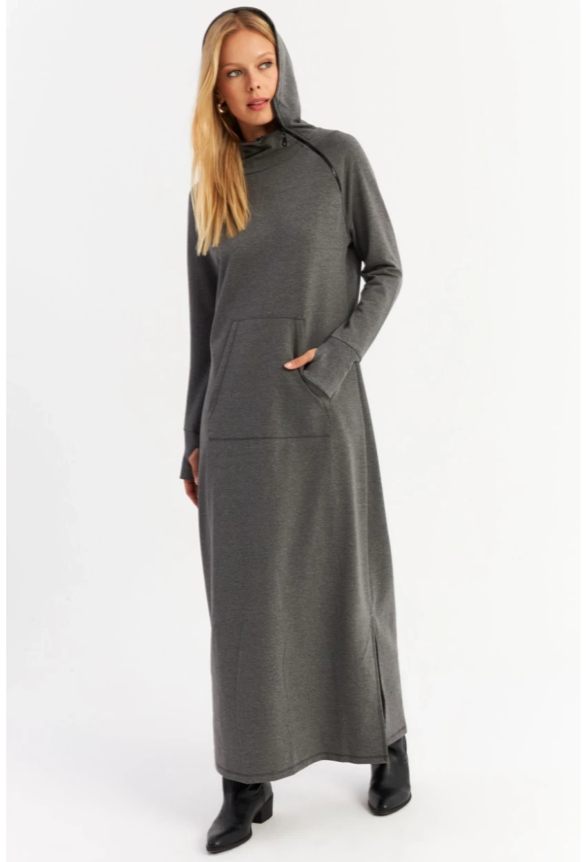 Kadın Antrasit Yakası Fermuarlı Maxi Sweat Elbise MTF12