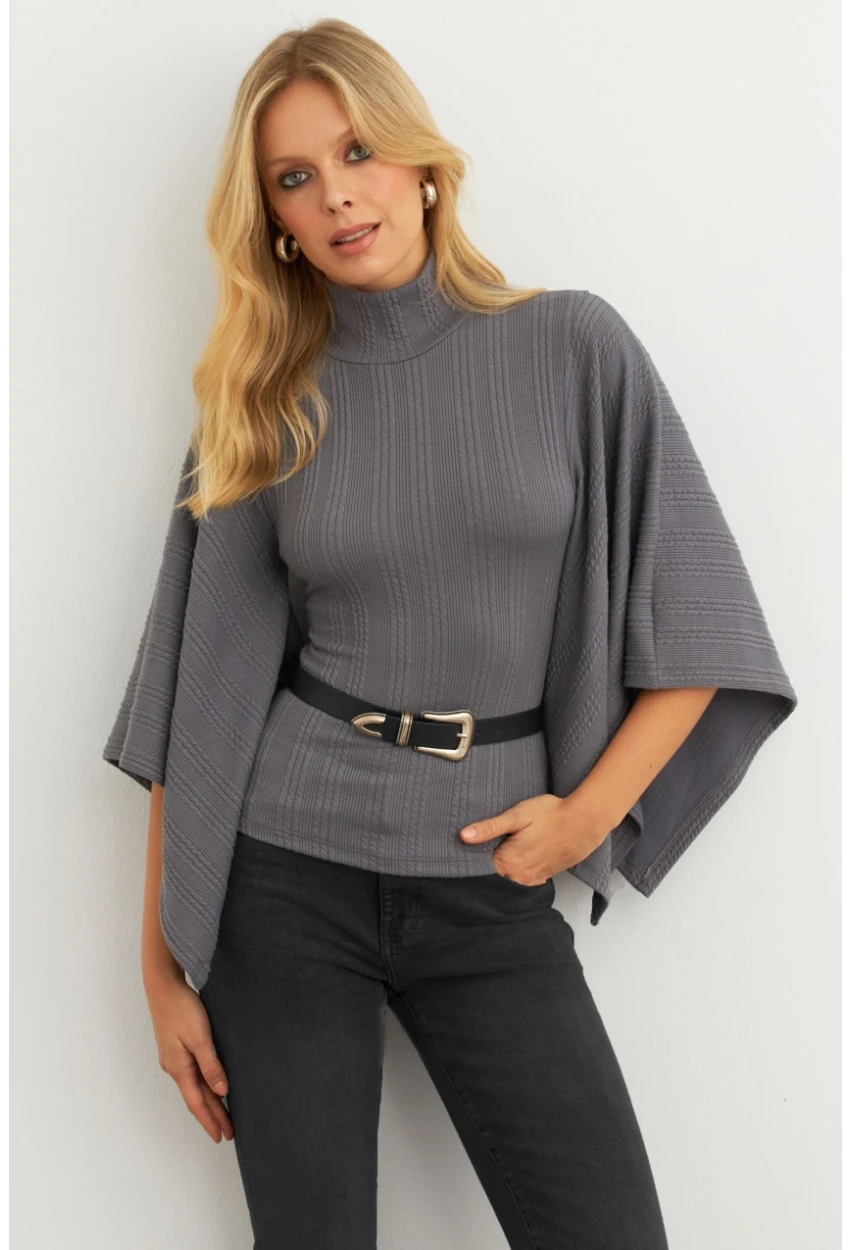 Kadın Antrasit Yarasa Kol Balıkçı Bluz MTF32