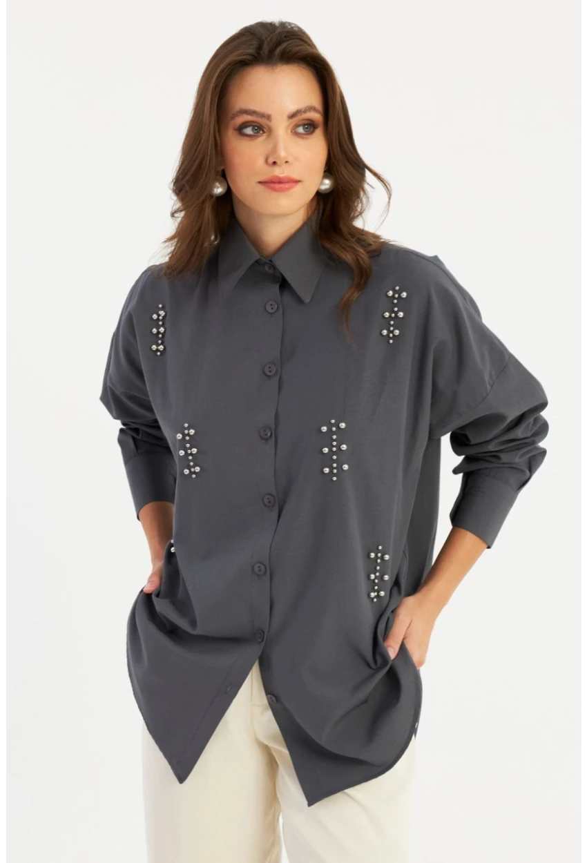 Kadın Antrasit Zımbalı Gömlek MASF1