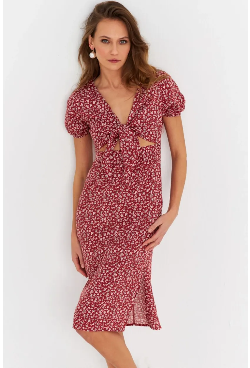 Kadın Badem Düğümlü Pencereli Midi Elbise Q1002