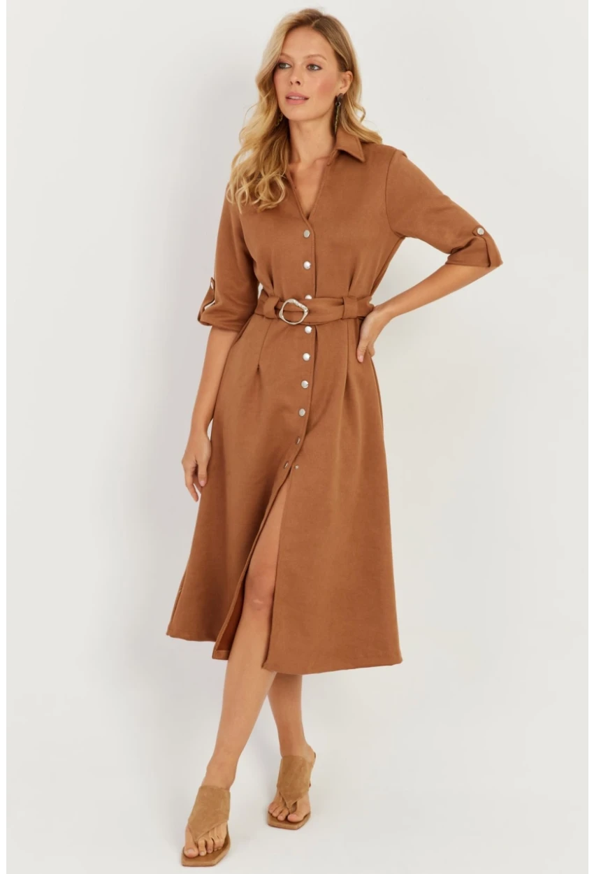 Kadın Badem Nubuk Midi Gömlek Elbise KED4023