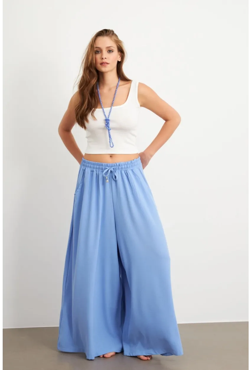 Kadın Bebe Mavi Beli Lastikli Cepli Palazzo Pantolon Sİ1155