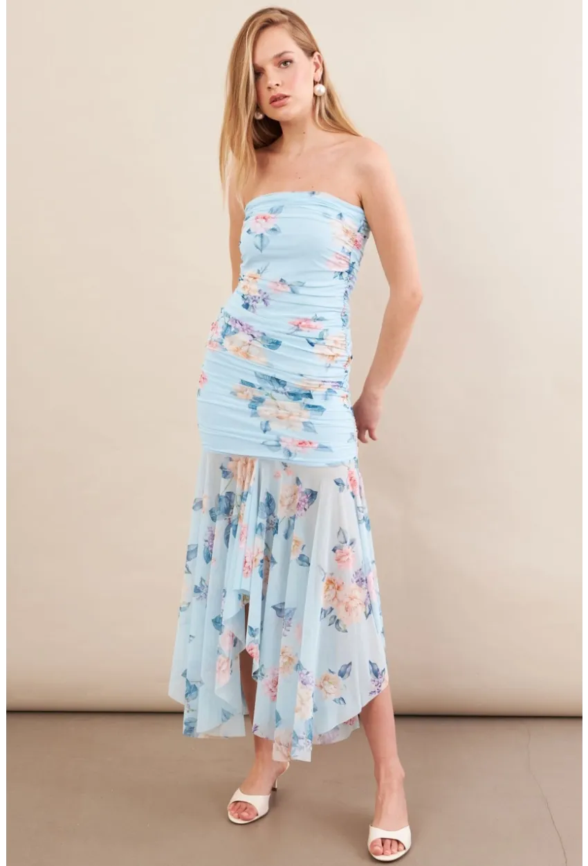 Kadın Bebe Mavi Drapeli Straplez Midi Tül Elbise ERL101