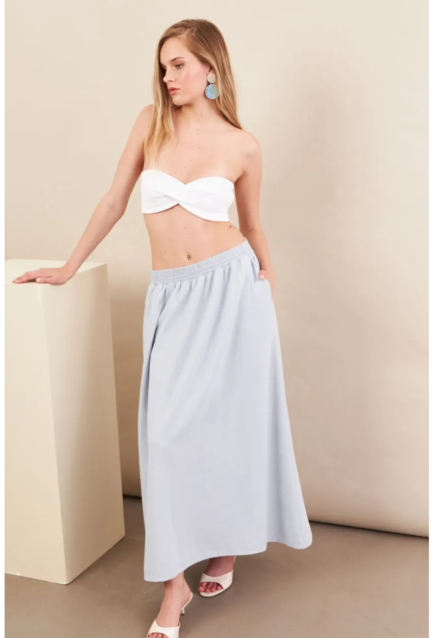 Kadın Bebe Mavi Keten Cepli Midi Etek RSP4440