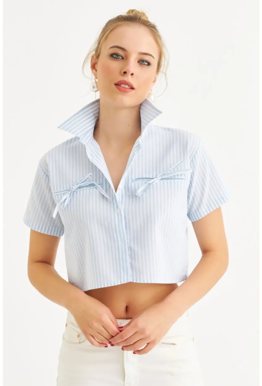 Kadın Bebe Mavi Kurdele Detaylı Crop Gömlek MPC302