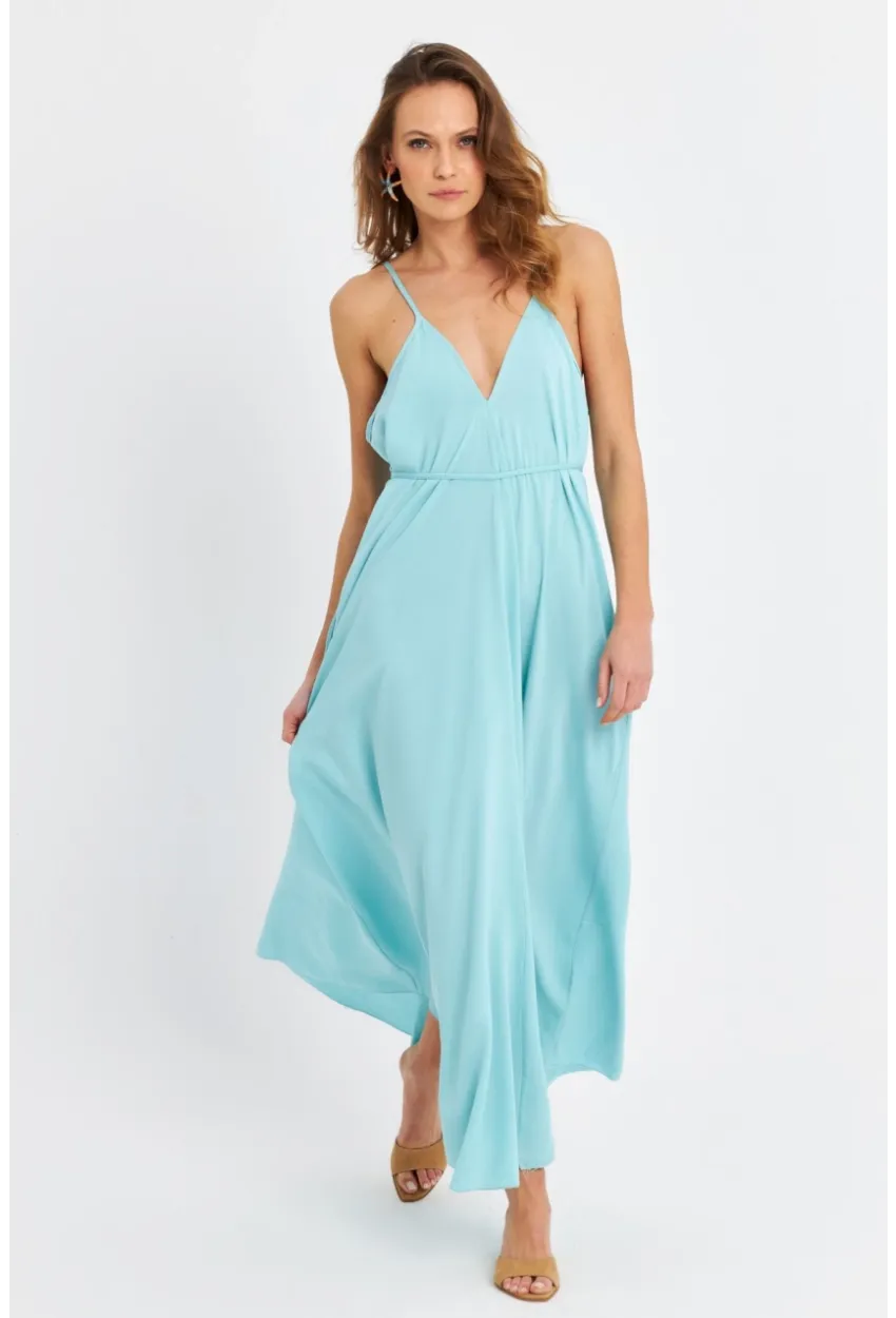 Kadın Bebe Mavi Ön Arka V Cepli Salaş Midi Elbise PC10758