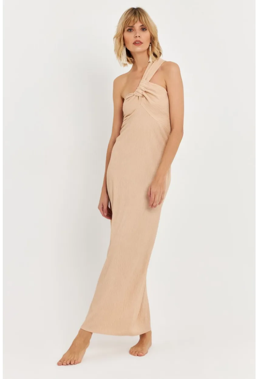 Kadın Bej Asimetrik Yaka Maxi Elbise NH25455
