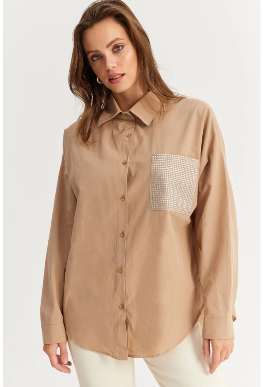 Kadın Bej Cepli Taşlı Gömlek ZER414
