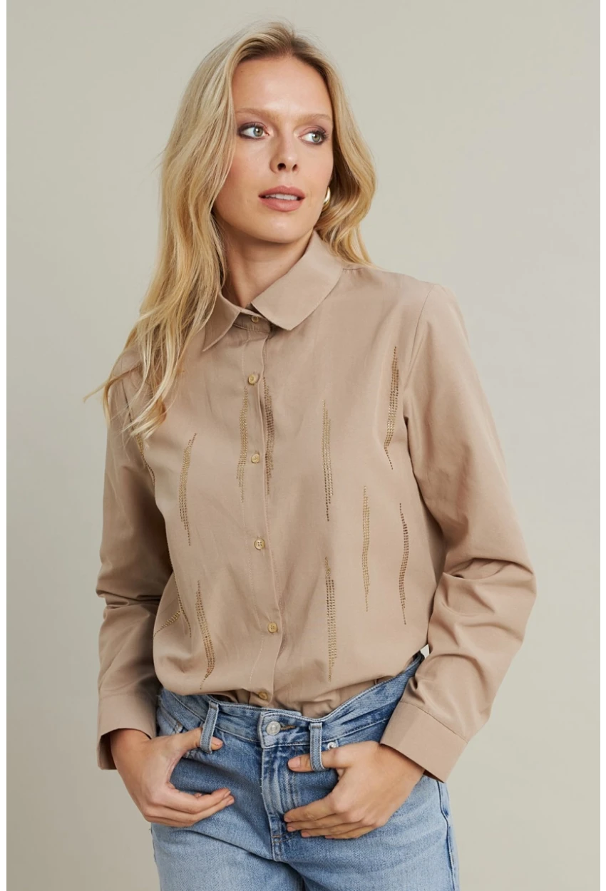 Kadın Bej Taşlı Gömlek MZER412