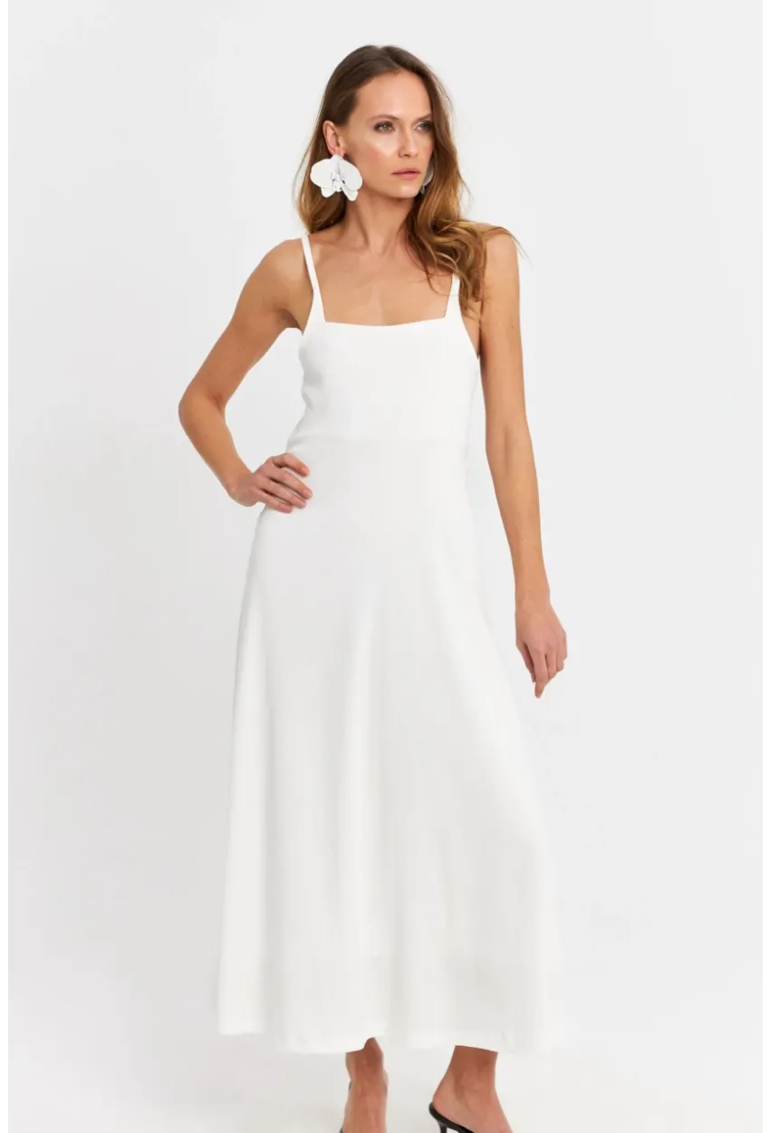 Kadın Beyaz Askılı Bürümcük Midi Elbise EY3057