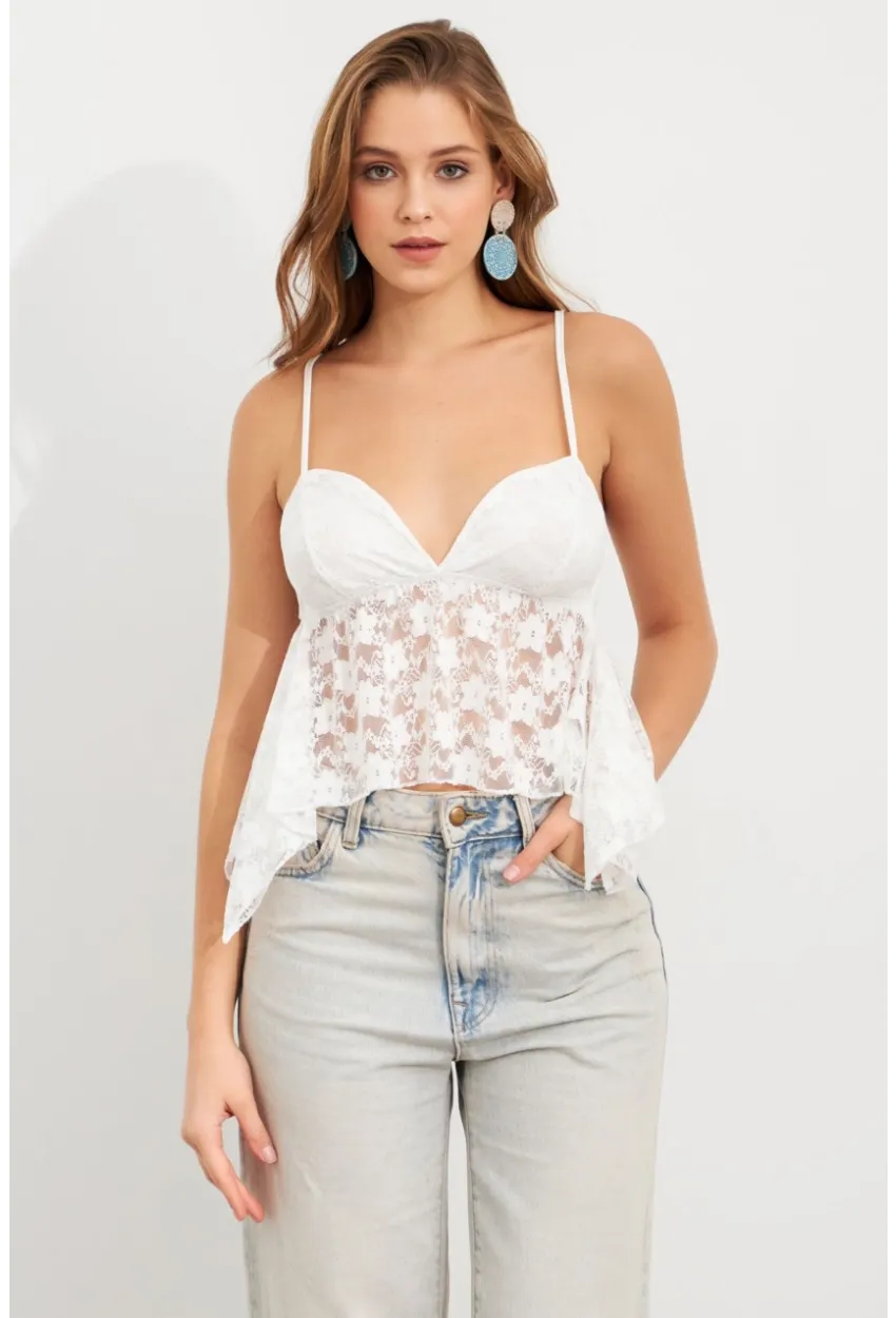 Kadın Beyaz Askılı Dantel Crop Bluz MTK13458