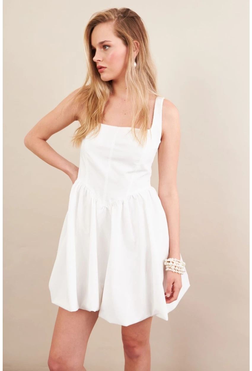 Kadın Beyaz Askılı Mini Balon Elbise ERL105