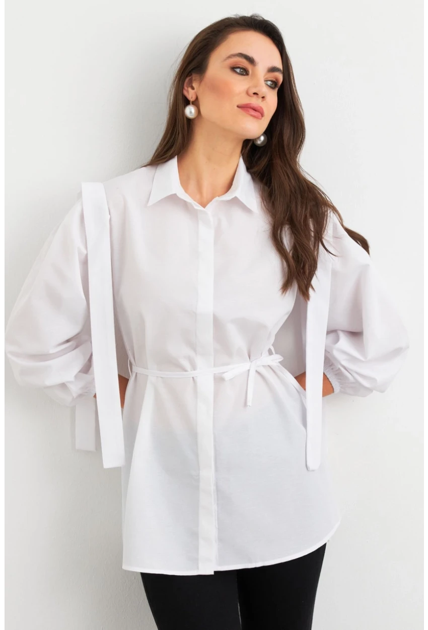 Kadın Beyaz Bağlama Detaylı Basic Gömlek MASF185