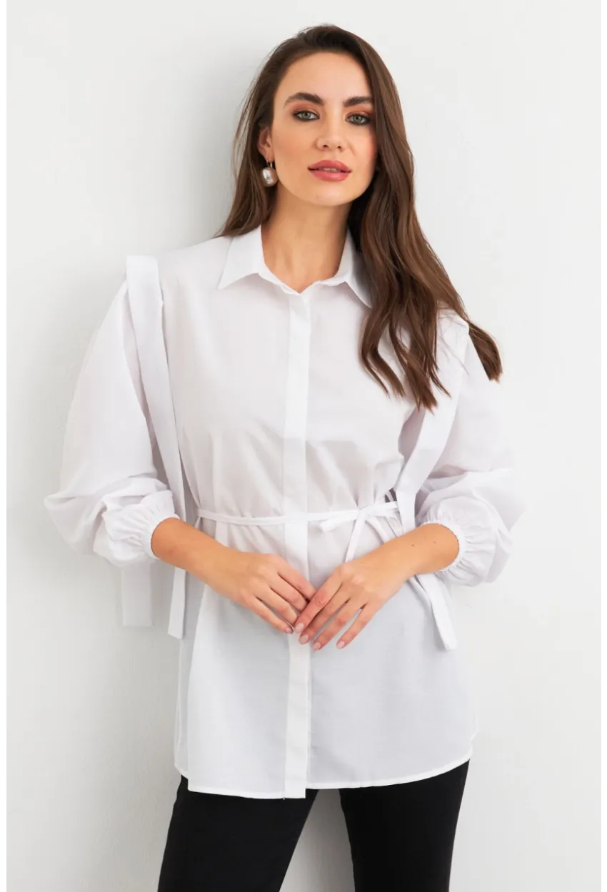 Kadın Beyaz Bağlama Detaylı Basic Gömlek MASF185