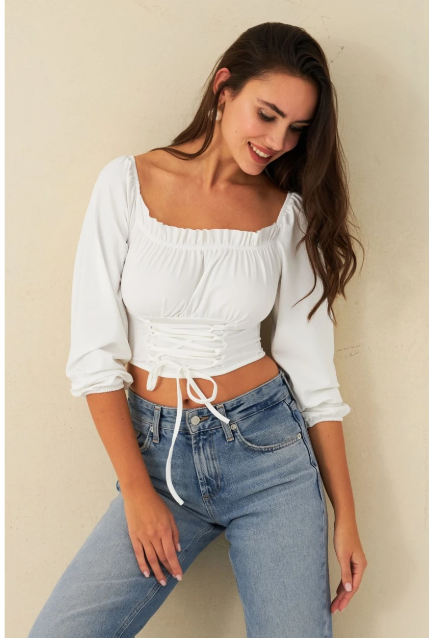 Kadın Beyaz Bağlama Detaylı Crop Bluz CG387