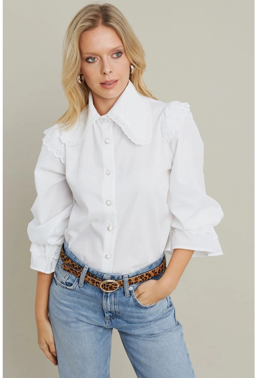 Kadın Beyaz Bebe Yaka Dantelli Gömlek MQS1839