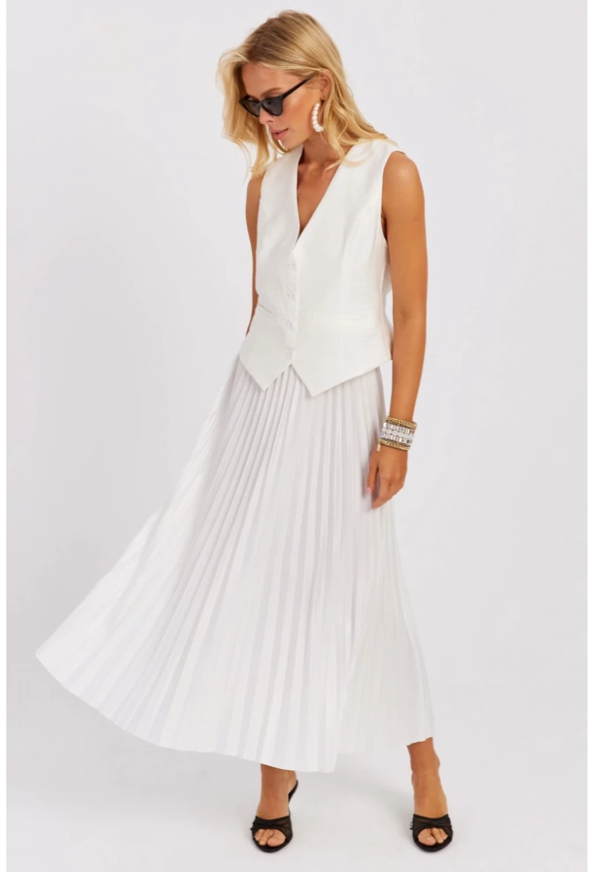 Kadın Beyaz Beli Lastikli Pilise Etek OW145