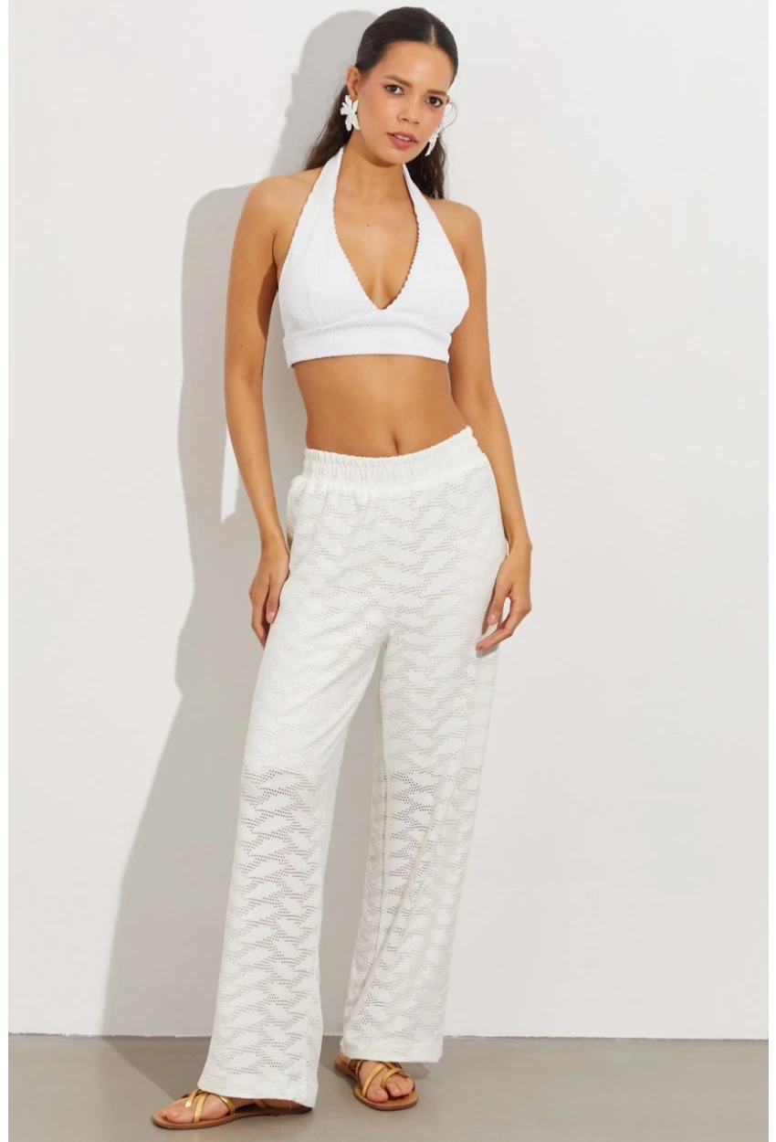 Kadın Beyaz Beli Lastikli Yarım Astarlı Brode Pantolon TW80018