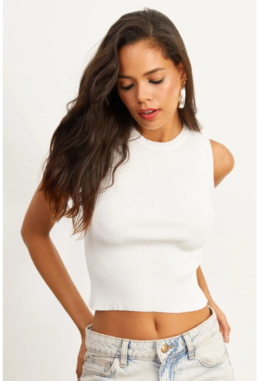 Kadın Beyaz Bisiklet Yaka Triko Bluz YV91