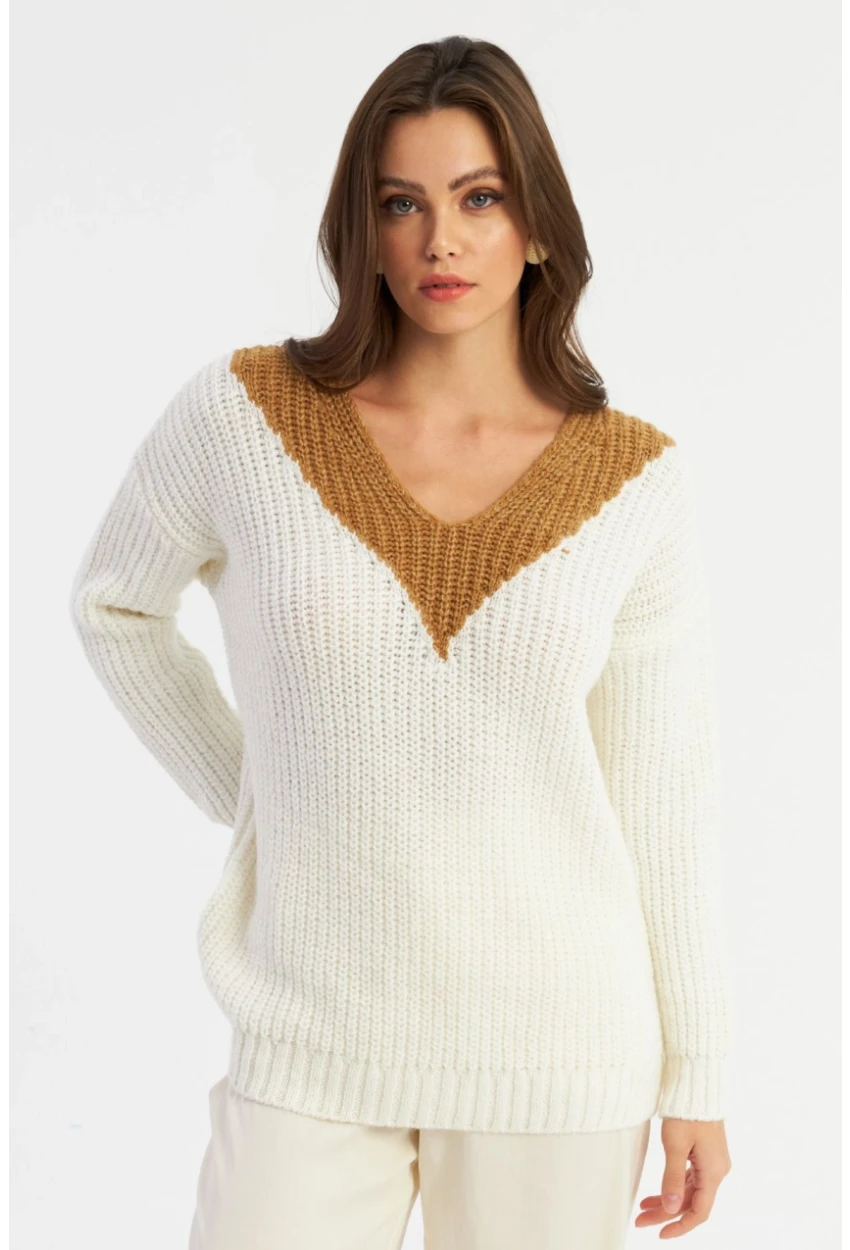 Kadın Beyaz-Camel V Yaka Triko Kazak SMT2434