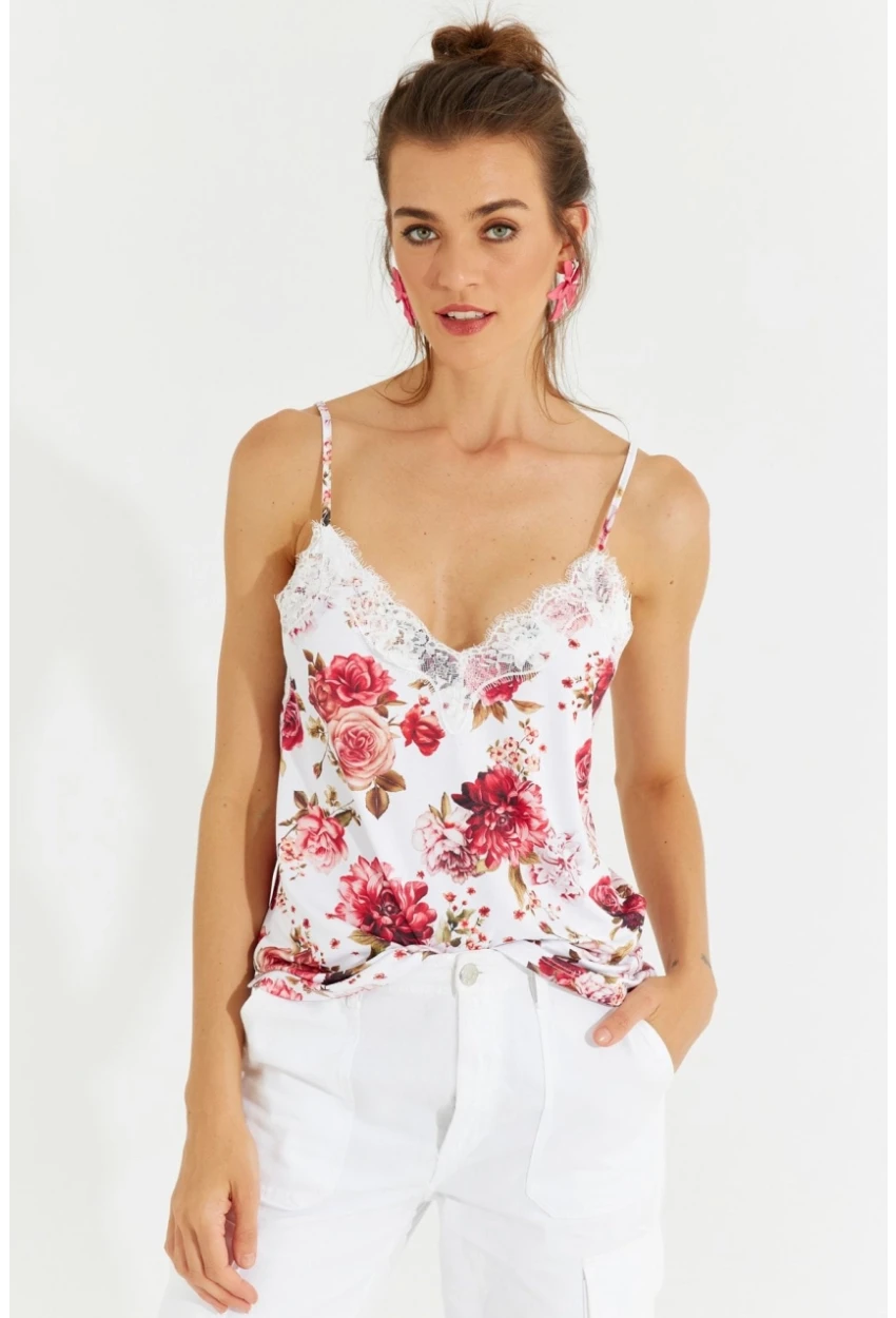 Kadın Beyaz Dantelli Askılı Çiçekli Bluz LPP1227