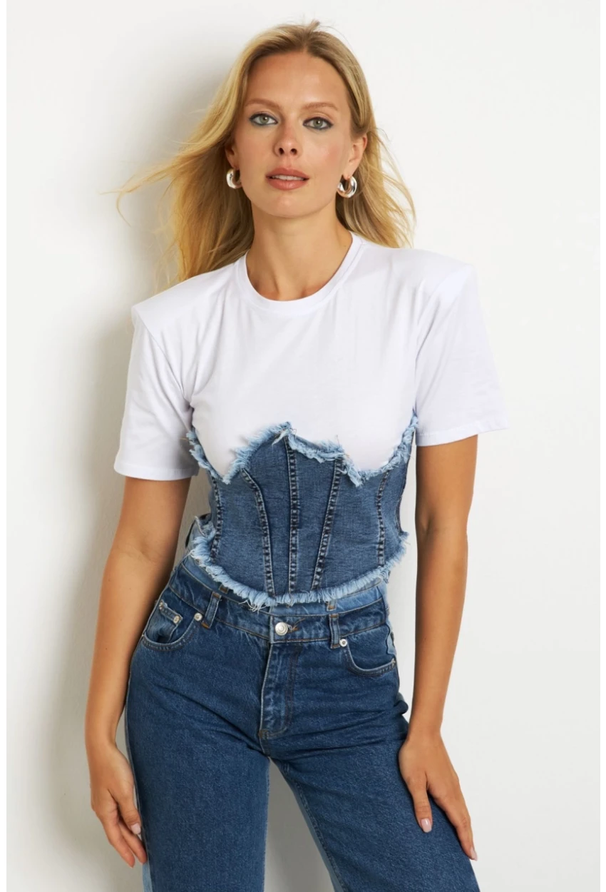 Kadın Beyaz Denim Bloklu Vatkalı  Bluz YZ636