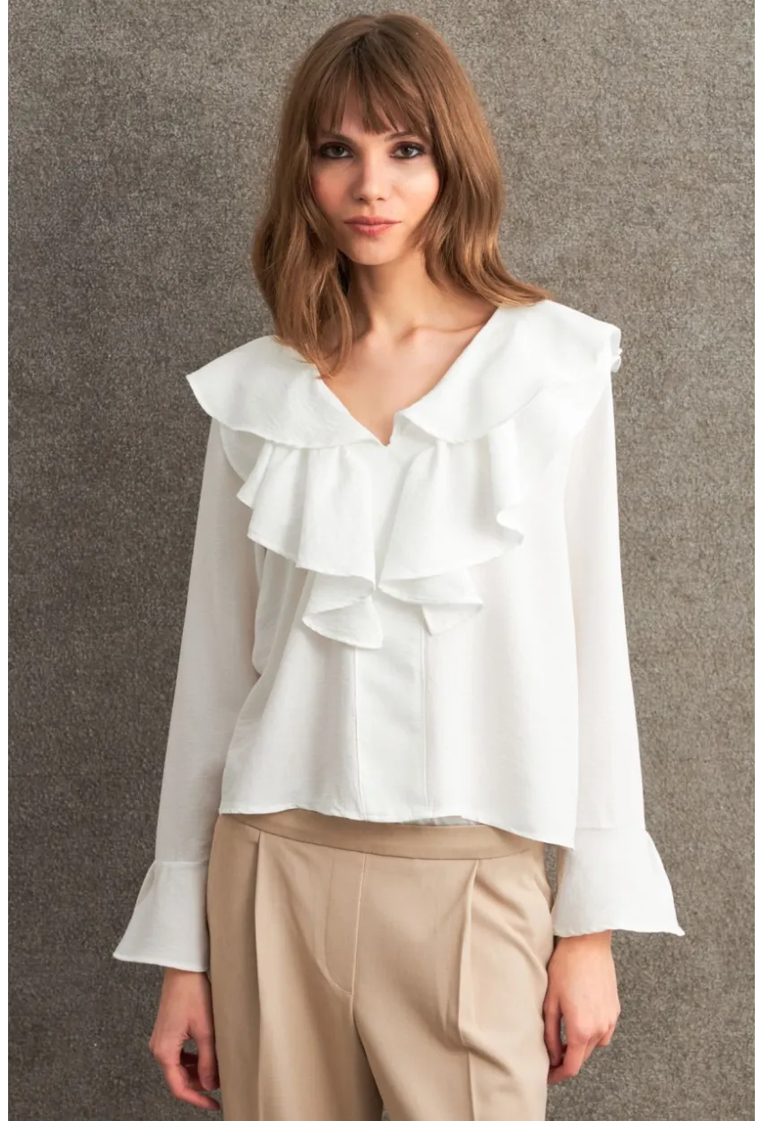 Kadın Beyaz Fırfırlı Bluz FS9338