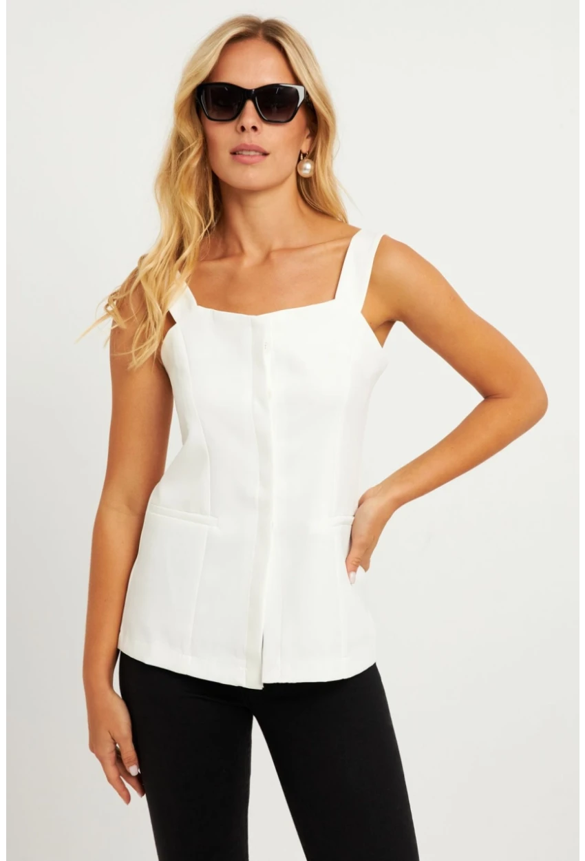 Kadın Beyaz Gizli Düğmeli Yelek TW60236