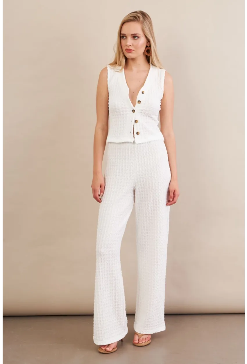 Kadın Beyaz Gofre Yelek Pantalon Takım FLU330